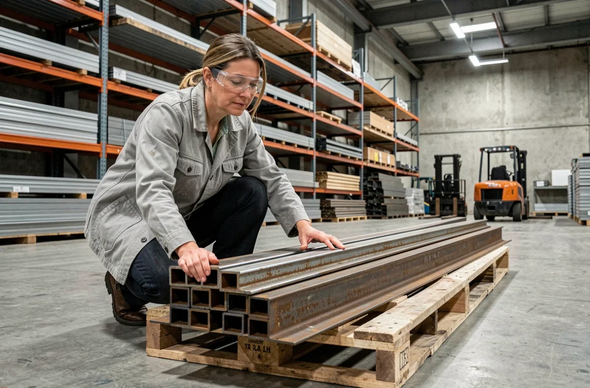 Femme inspectant des cornières en fer sur palette dans un entrepôt de vente de métaux au détail