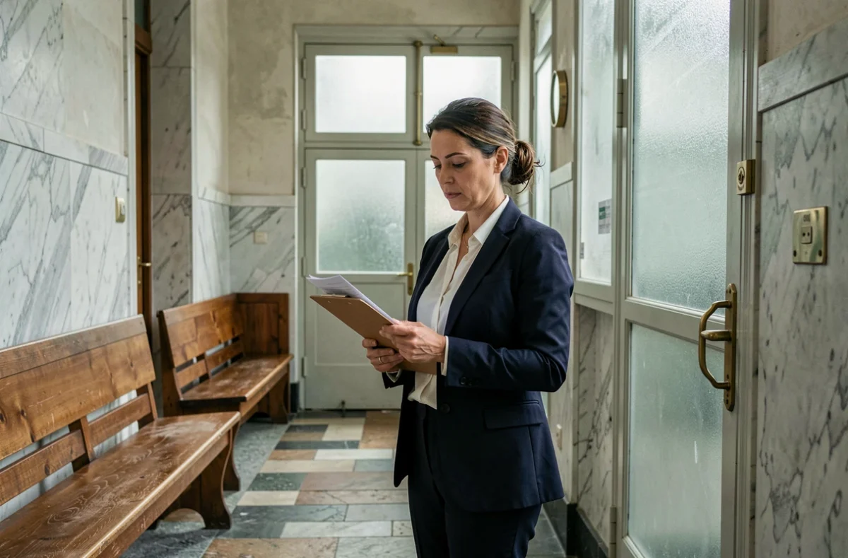 Femme professionnelle consultant des documents juridiques dans un couloir de tribunal de commerce, symbolisant la vérification du statut de redressement judiciaire d'une entreprise avant signature de contrat