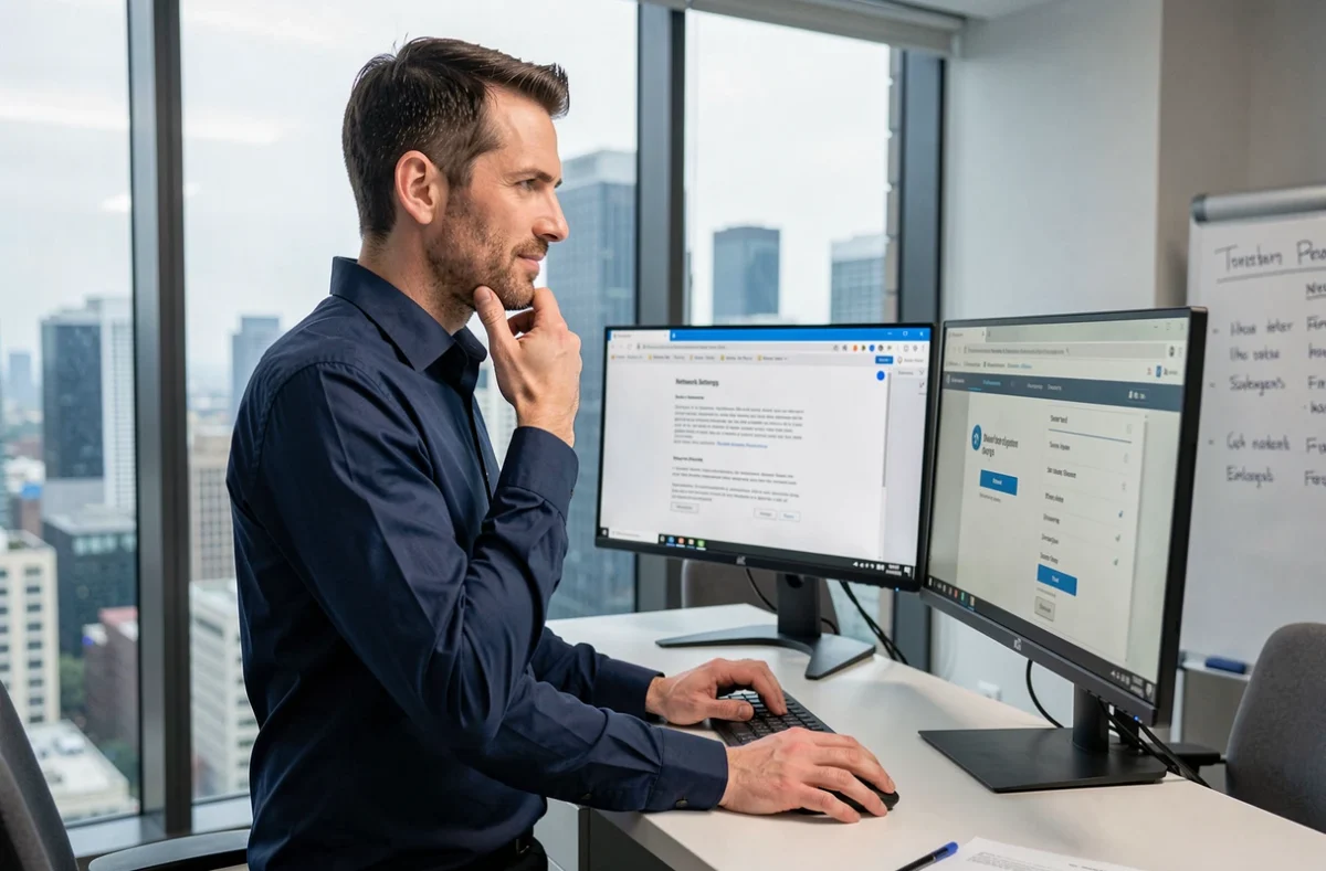 Homme en chemise bleue vérifiant les paramètres réseau sur un double écran affichant une erreur d'intranet dans un bureau vitré