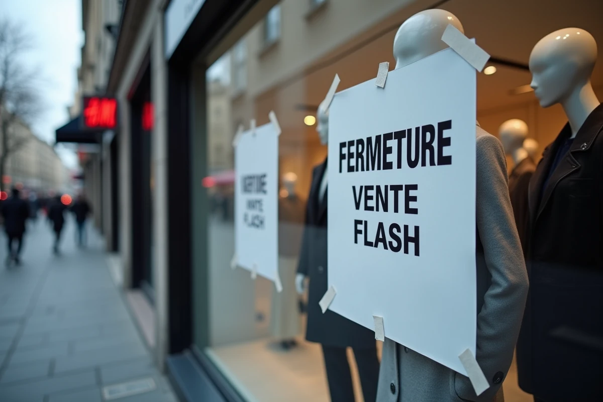 Vitrine d'un magasin H&M avec une affiche de fermeture et vente flash, vue depuis la rue piétonne