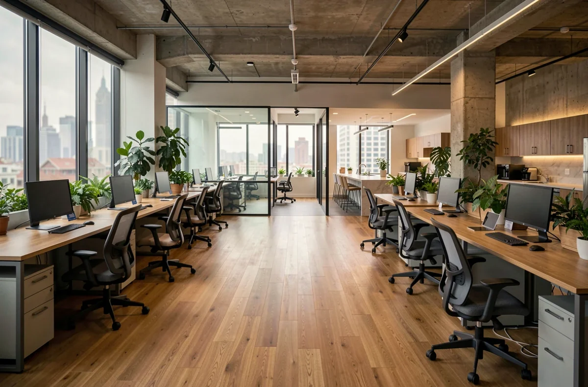 Vue d'ensemble d'un espace de bureaux partagés moderne avec postes de travail, salle de réunion et coin cuisine