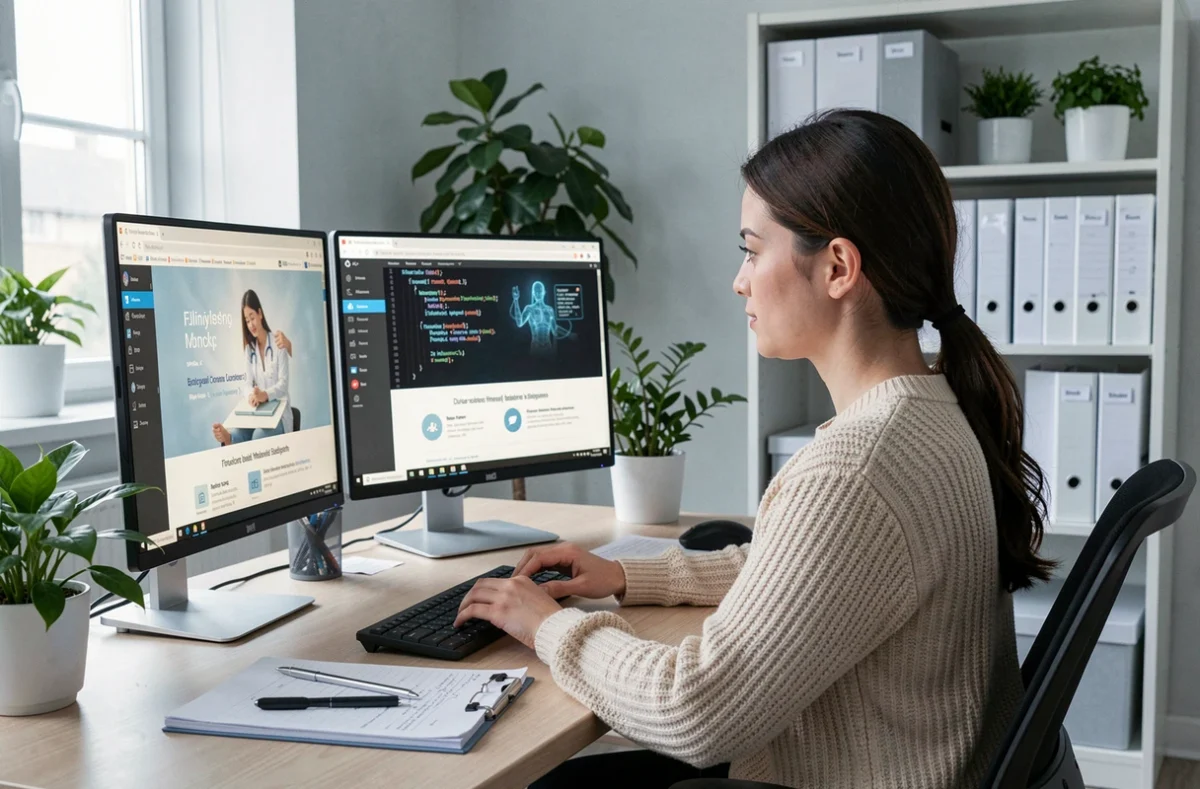 Développeuse web de Webcaring travaillant sur un site internet à thématique santé dans un bureau ordonné et apaisant