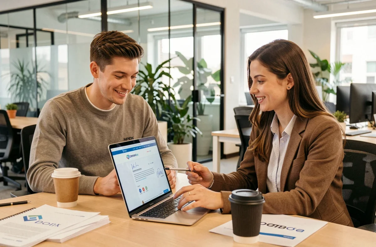 Deux professionnels de Wesign validant un contrat numérique et un nouveau site web dans un espace de coworking